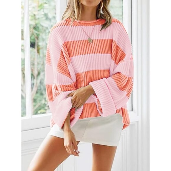 Women's Light Pink Pullover Drop Shoulder Long Sleeve Retro Stripe Fall Sweater - Picture 2 of 3